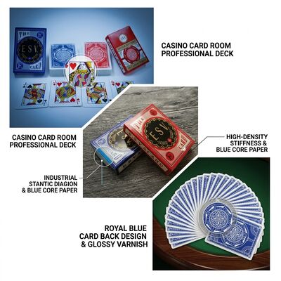 Carte da gioco in carta blu con rigidità ad alta densità per prestazioni durature nella sala da gioco del casinò